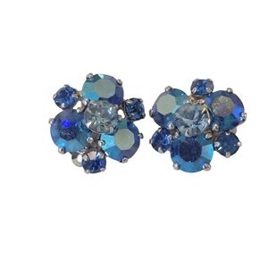 Vintage Sherman Blue Swarovski Crystal & Rhodium Clip Earrings